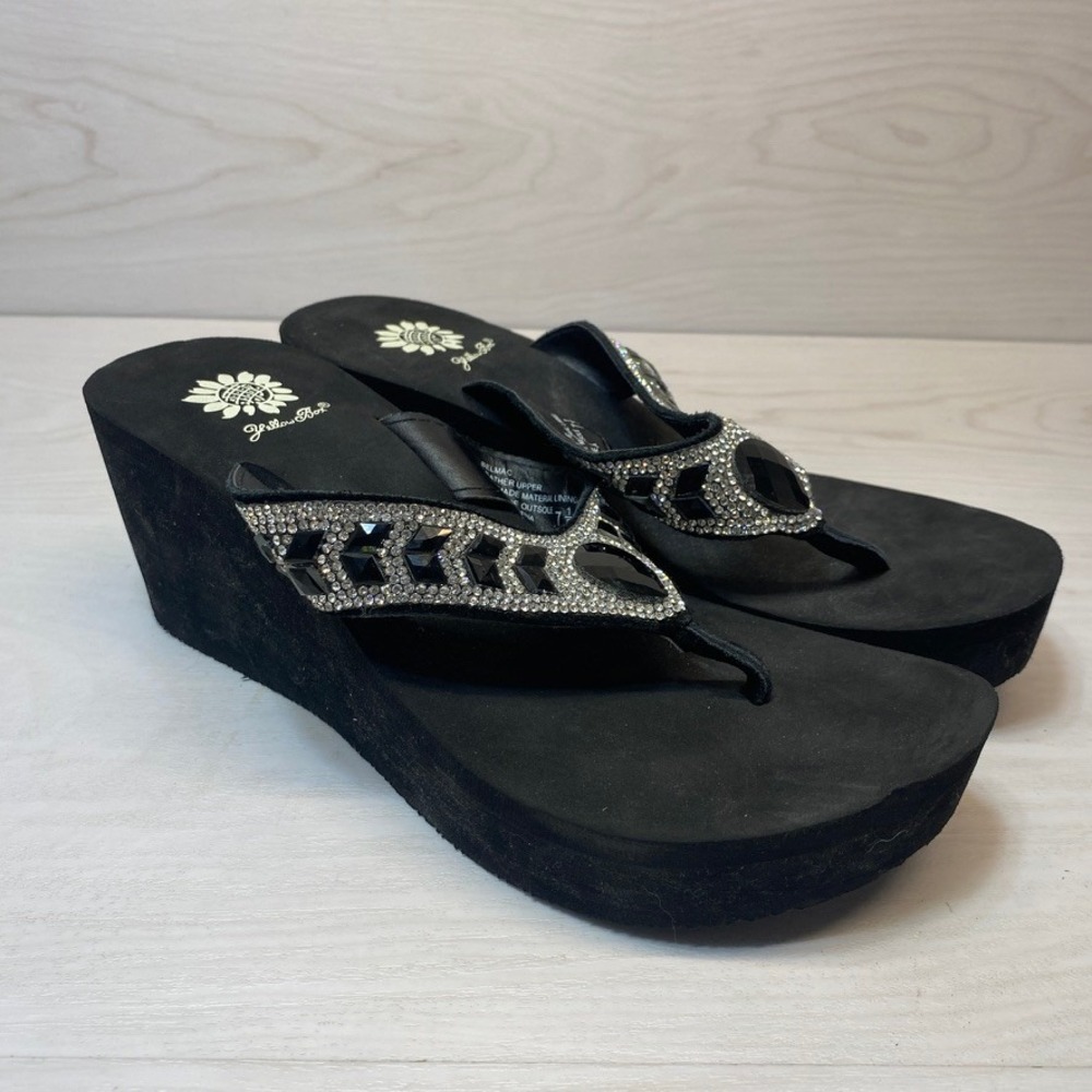Yellow‎ Box Womens 7.5 Platform Flip Flops Belmac Wedge Rhinestone Black Sparkle